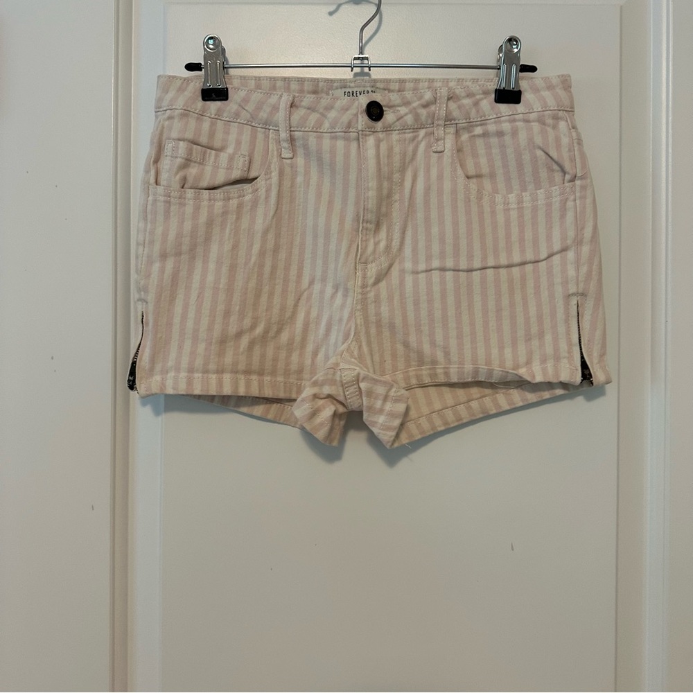 Forever 21 Women's Pink Striped Jean Shorts with Zippered Sides